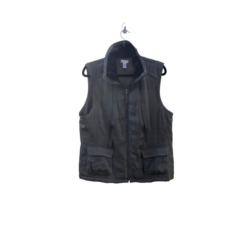 Chico’s Women's Gray Full Zip Puffer Vest With Faux Fur Collar Size 3